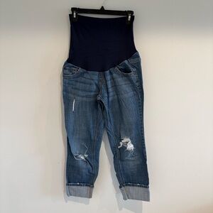 Indigo Blue Maternity Distressed Full Panel Boyfriend Jeans Cuffed Blue Denim M